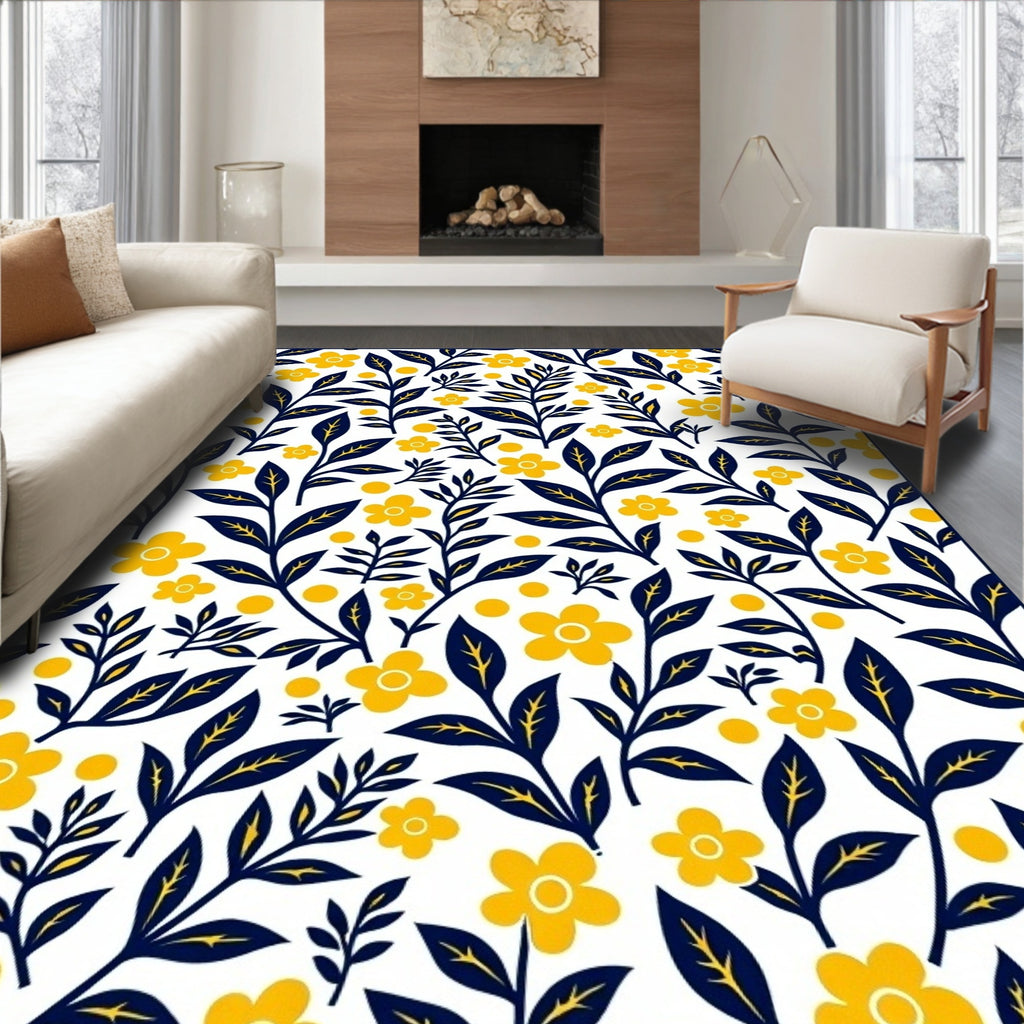 Navy Yellow Floral Branch Whimsy Rug