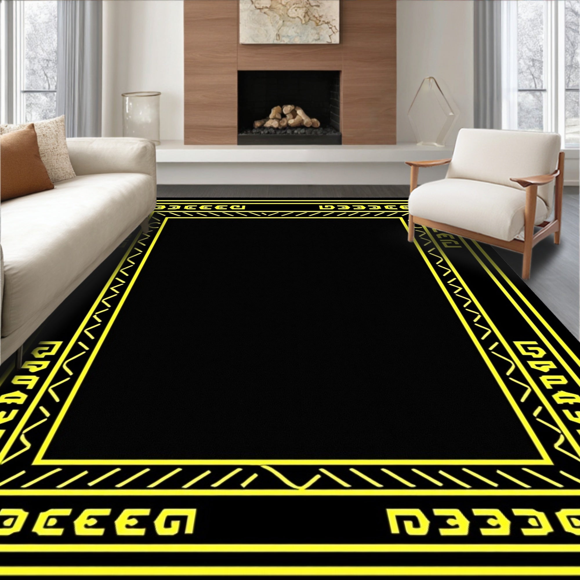 Bold Yellow Tribal Rectangular Border Rug