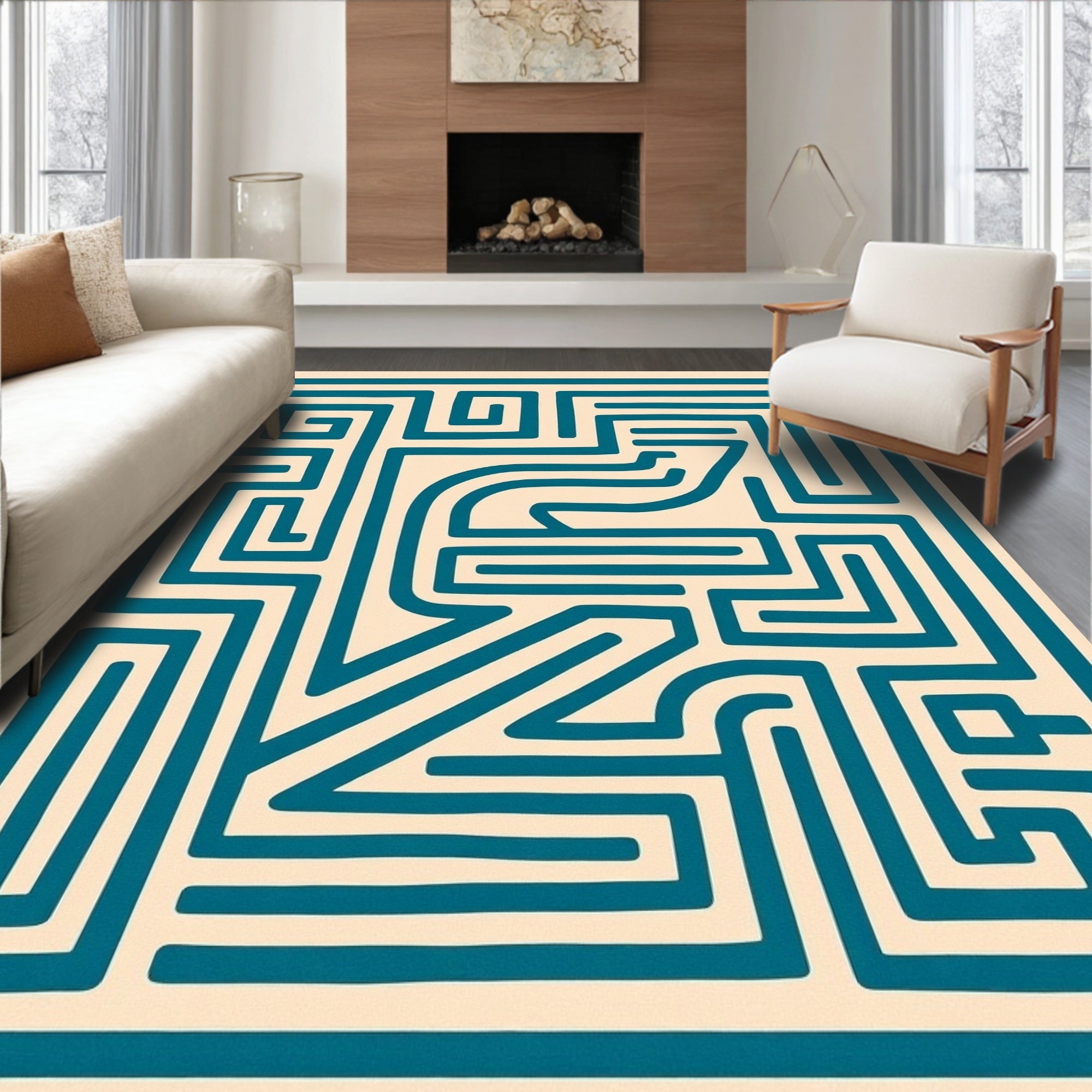 Teal Labyrinth Cream Geometric Outline Rug