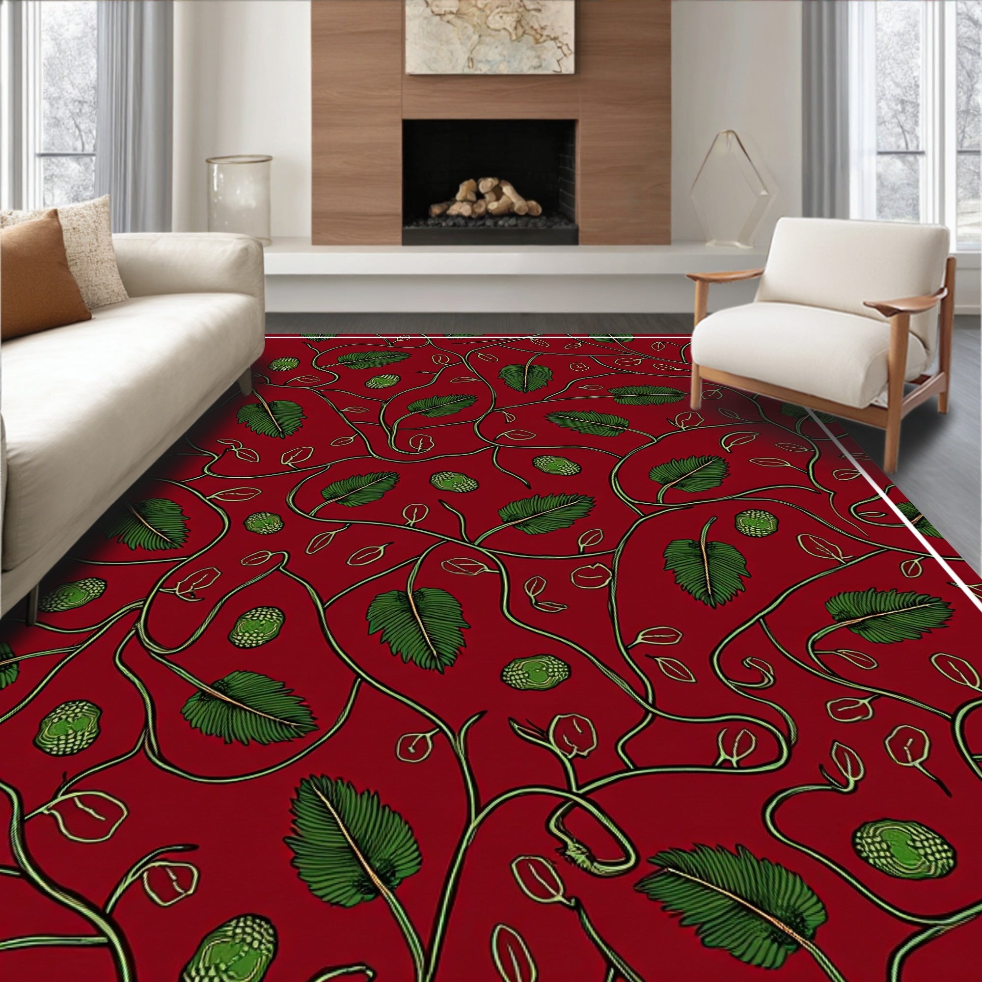 Crimson Vine Leaf Botanical Rug