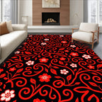 Crimson Floral Scroll Black Rug
