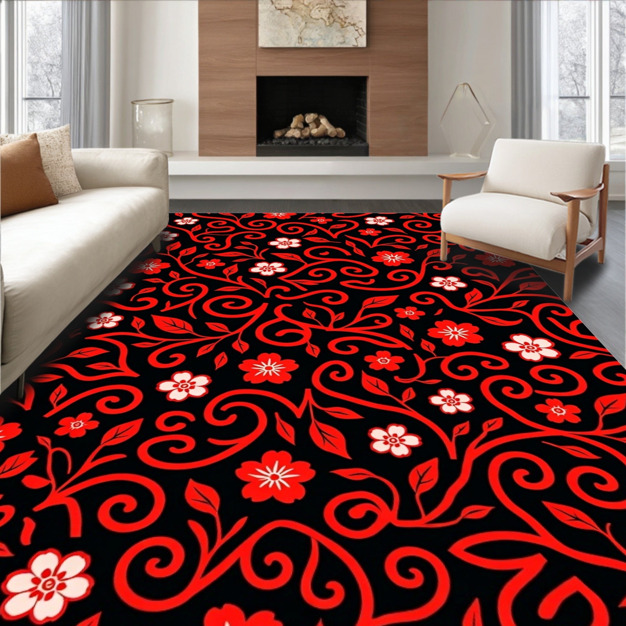Crimson Floral Scroll Black Rug