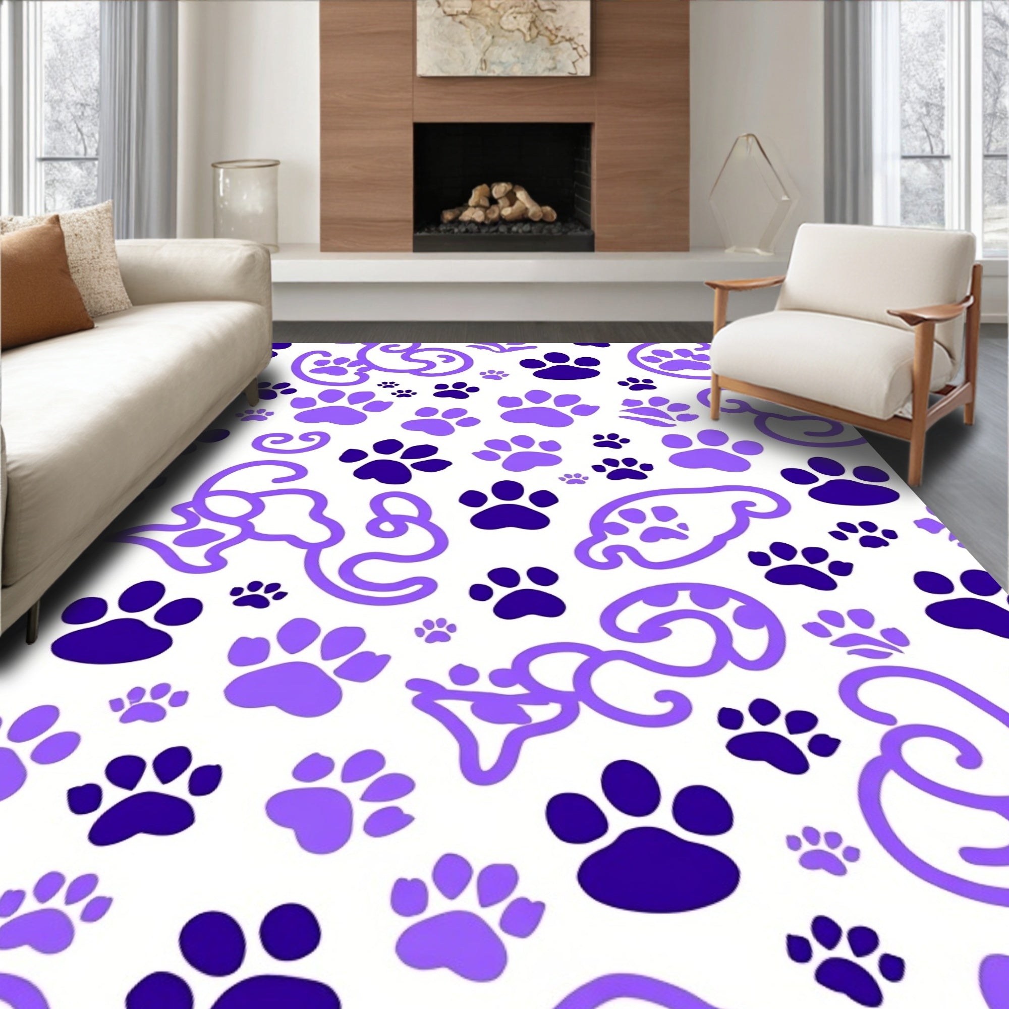 Whimsical Purple Paw Prints Background Rug