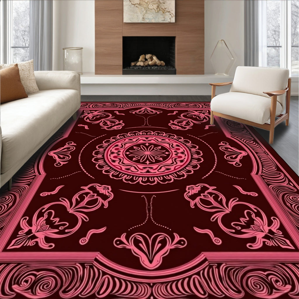 Crimson Pink Ornate Medallion Border Rug