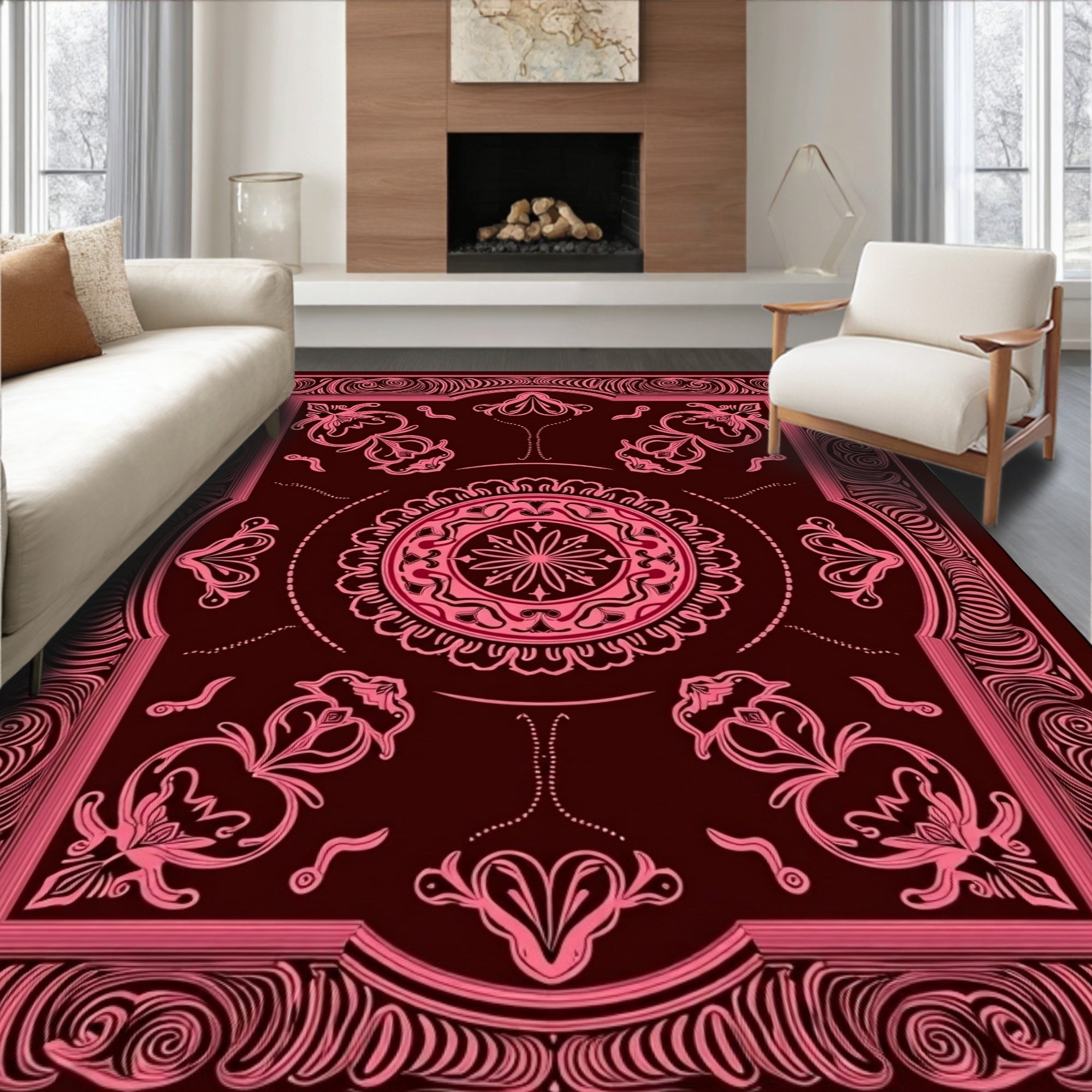 Crimson Pink Ornate Medallion Border Rug