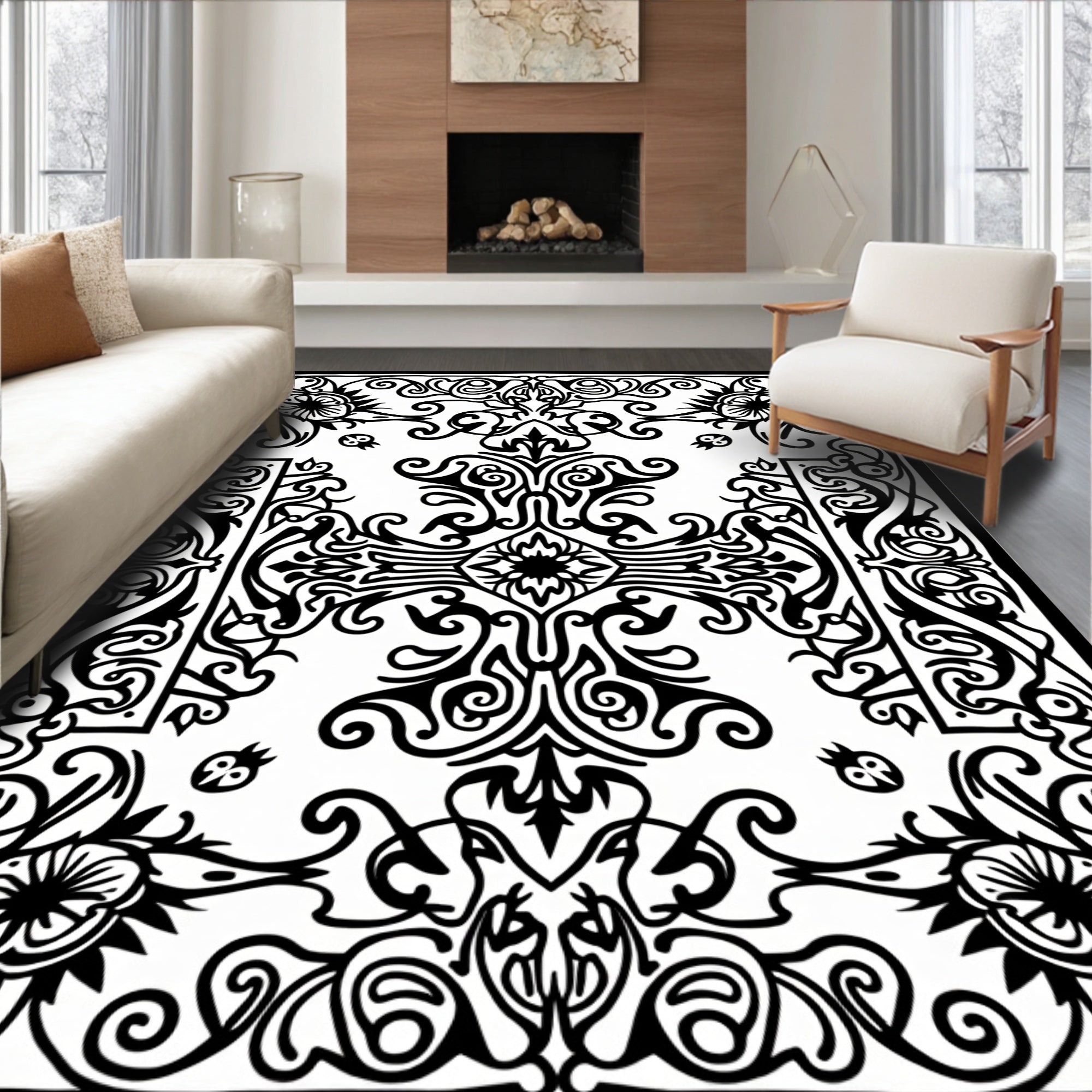 Monochromatic Ornate Scroll Floral Medallion Rug