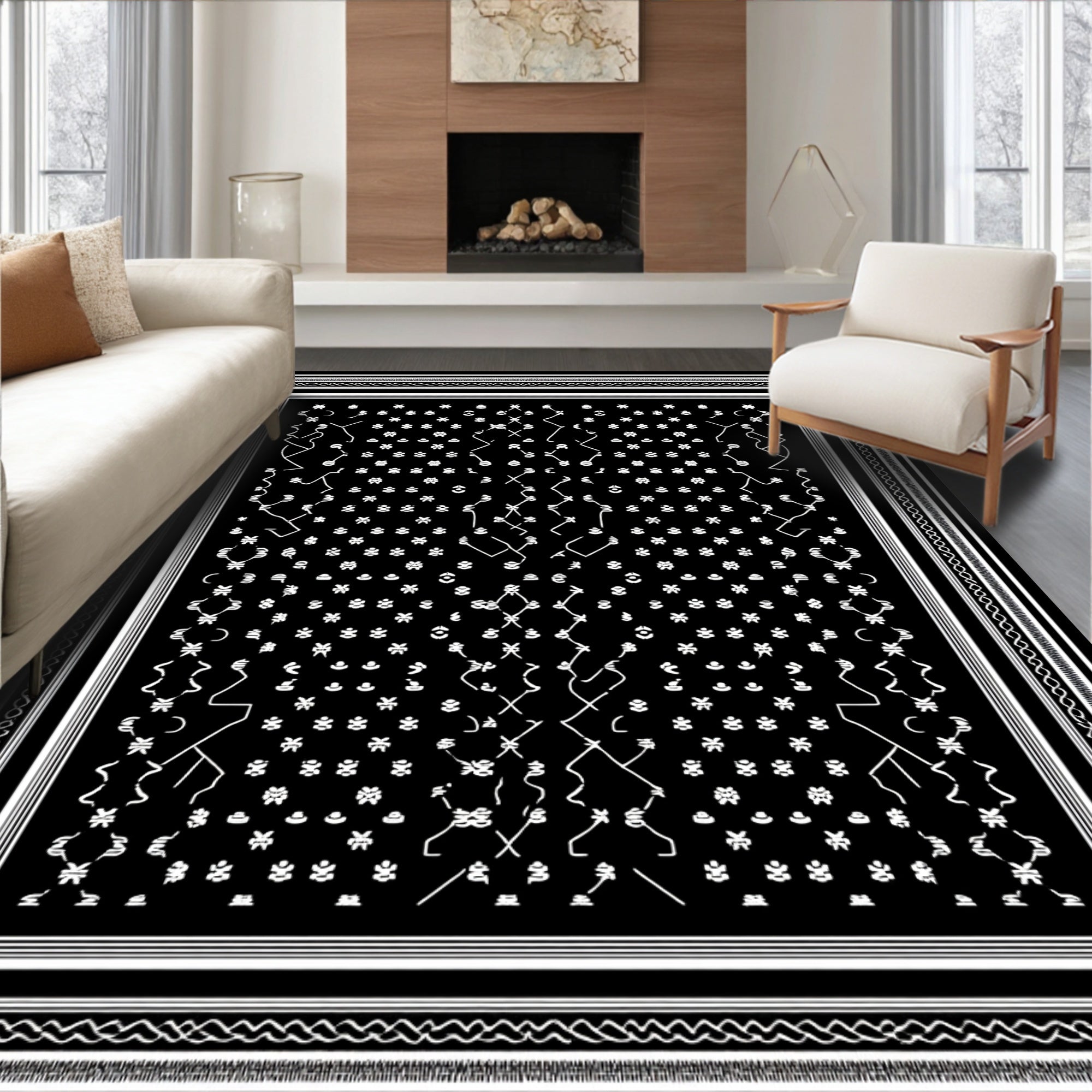Black White Folk Art Figures Rug