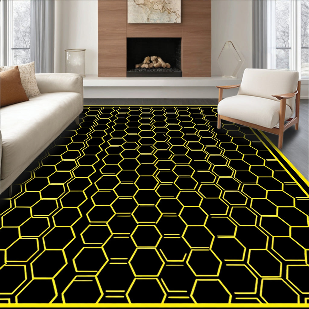 Bold Yellow Hexagon Grid Rug