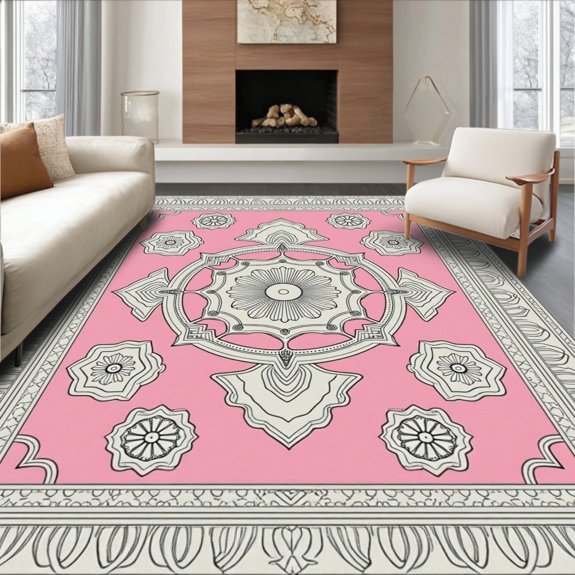 Elegant Pink Floral Mandala Arrangement Rug
