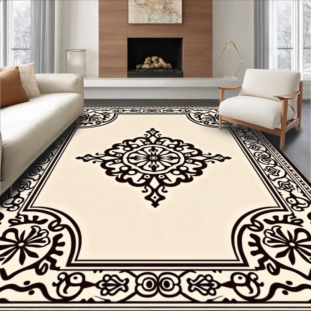 Elegant Cream and Black Medallion Border Rug