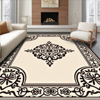Elegant Cream and Black Medallion Border Rug