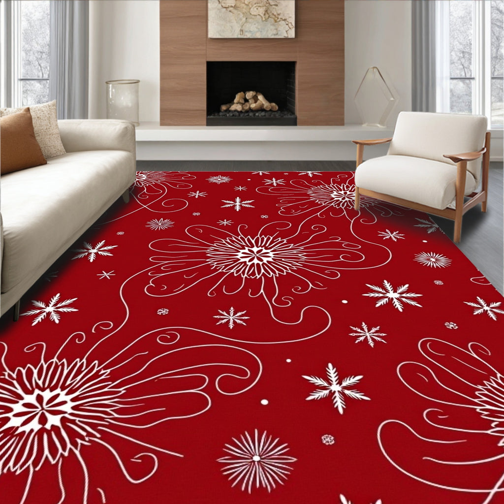 Crimson White Floral Snowflake Scatter Rug