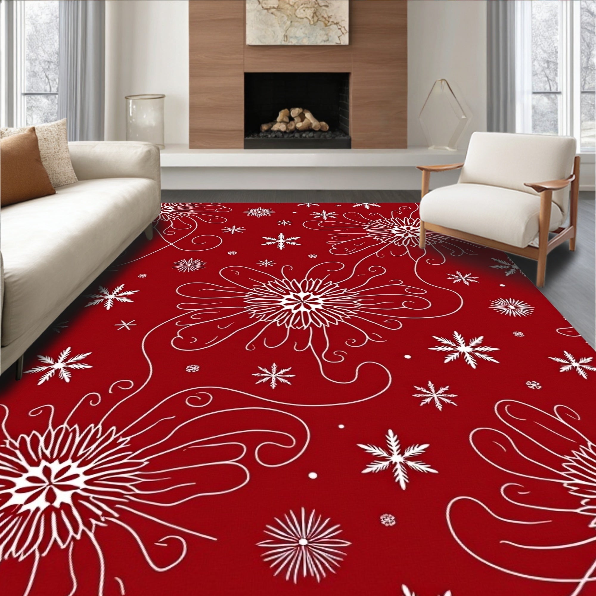 Crimson White Floral Snowflake Scatter Rug
