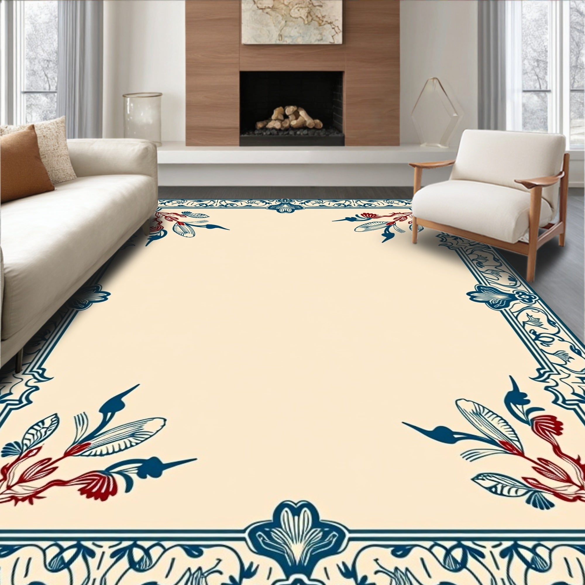 Classic Teal Red Floral Border Rug