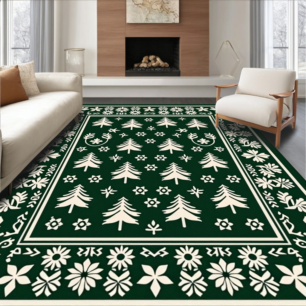 Forest Green Pine Tree Border Rug