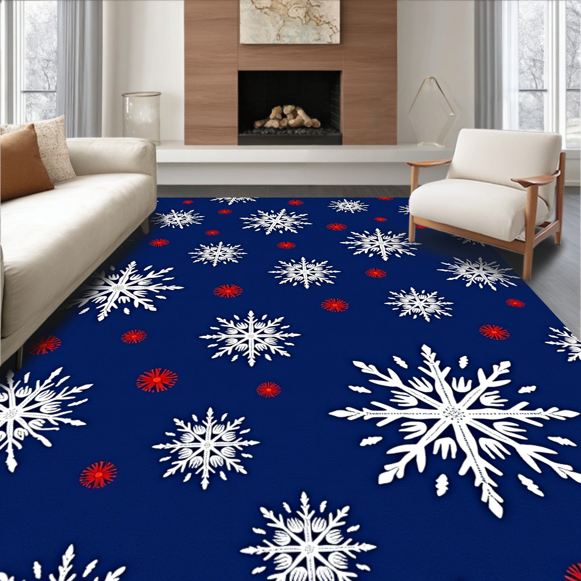 White Snowflake Red Dot Navy Rug