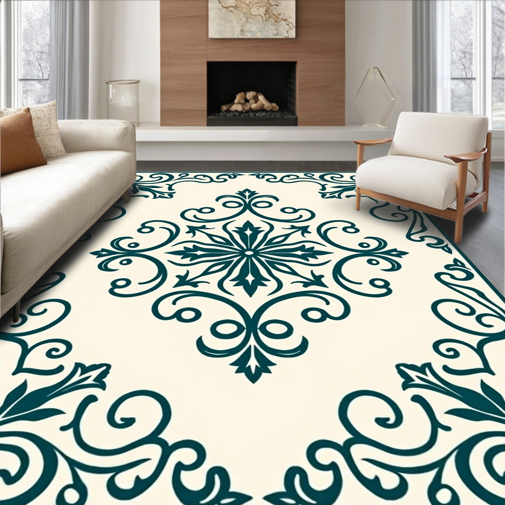 Teal Floral Scroll Medallion Cream Rug