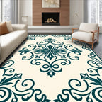Teal Floral Scroll Medallion Cream Rug