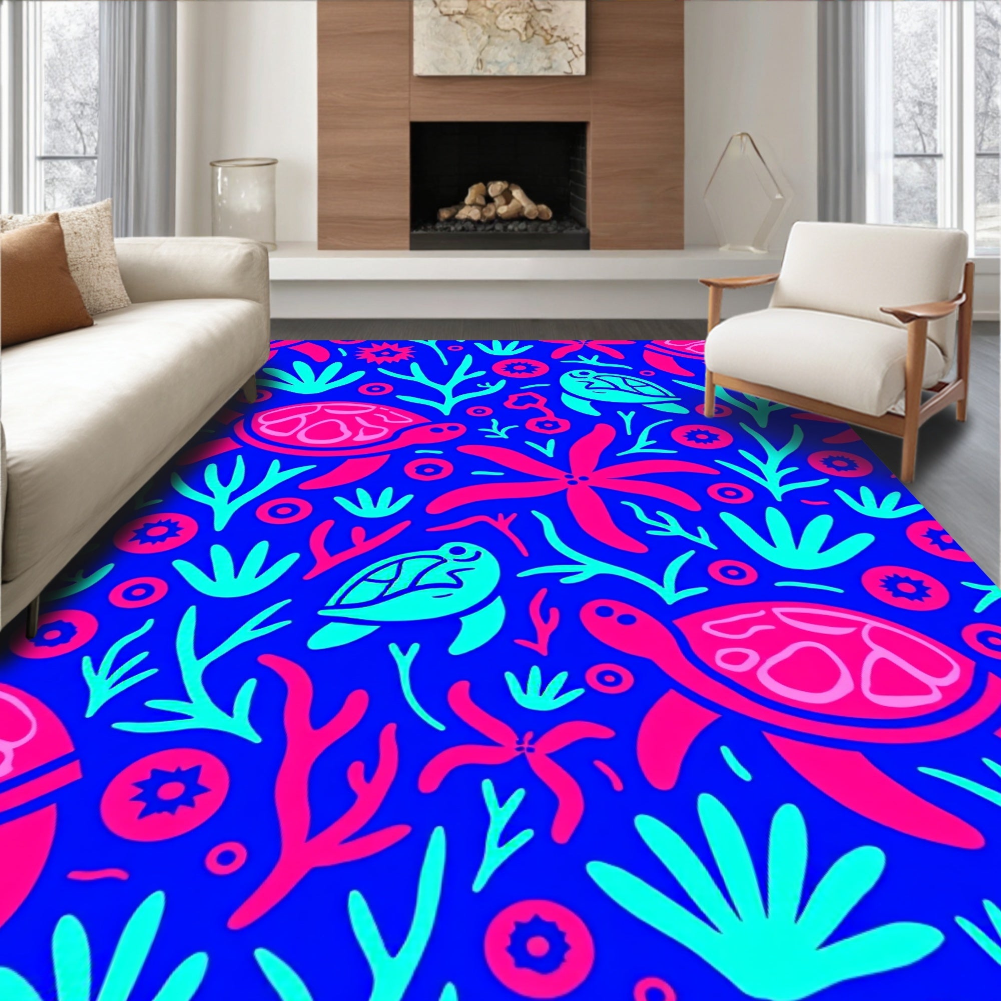 Vibrant Coral Sea Turtle Aquatic Scene Rug