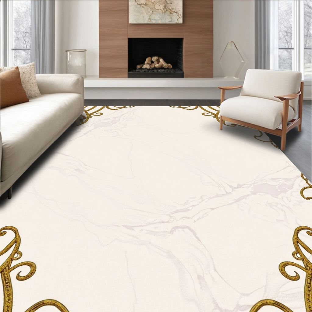 Ornate Gold Scrollwork Marble Corners Rug