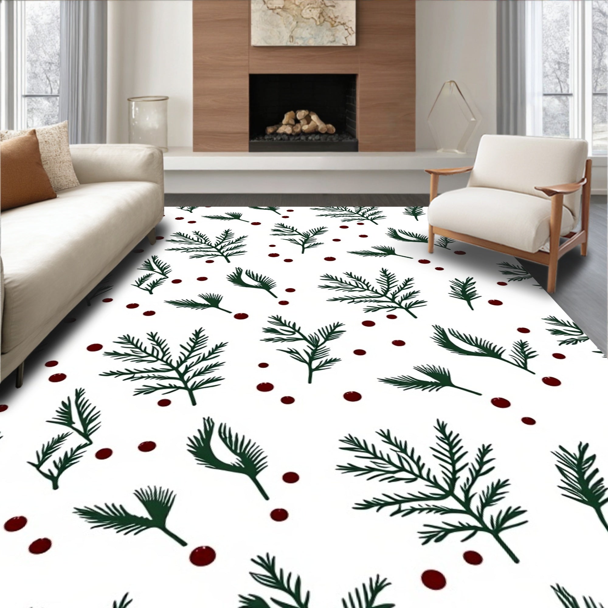 Dark Green Pine Sprigs Red Dot Rug