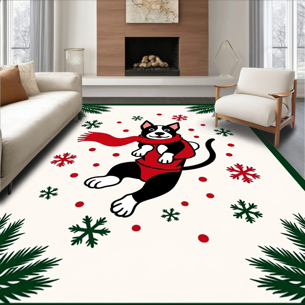 Festive Dog Snowflakes Red Scarf Border Rug