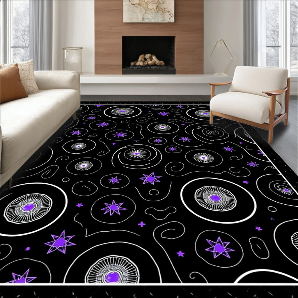 Purple Starburst Circles Black Rug