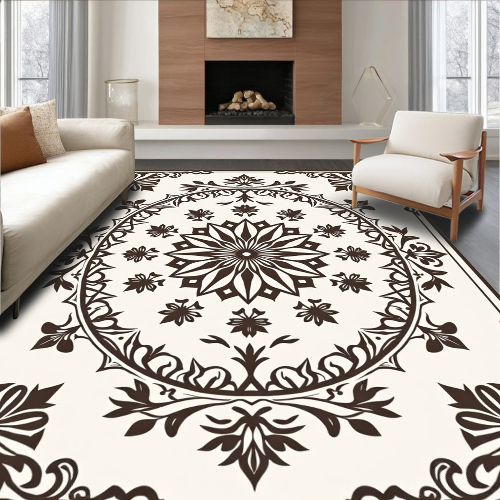 Dark Brown Floral Medallion Mandala Rug