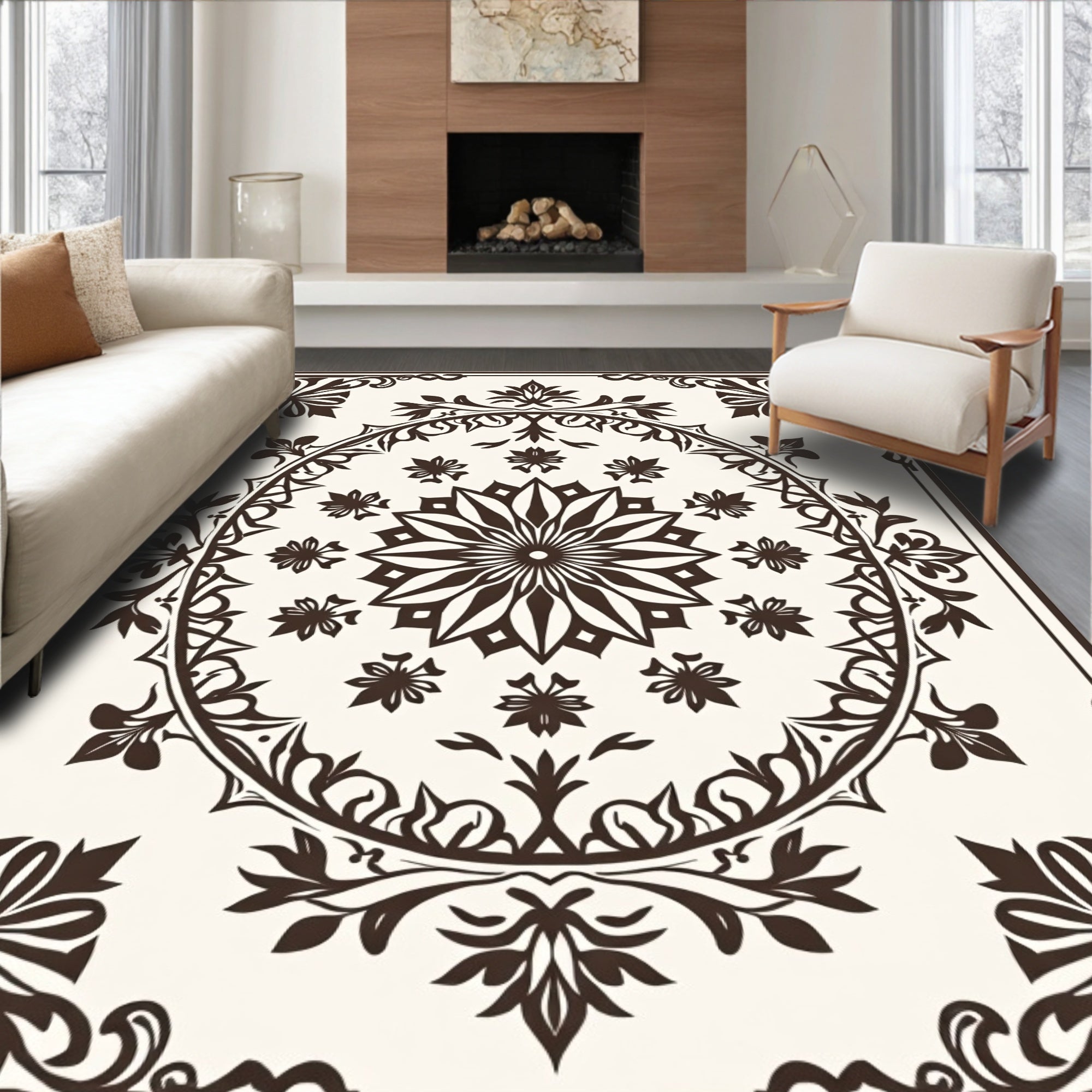 Dark Brown Floral Medallion Mandala Rug