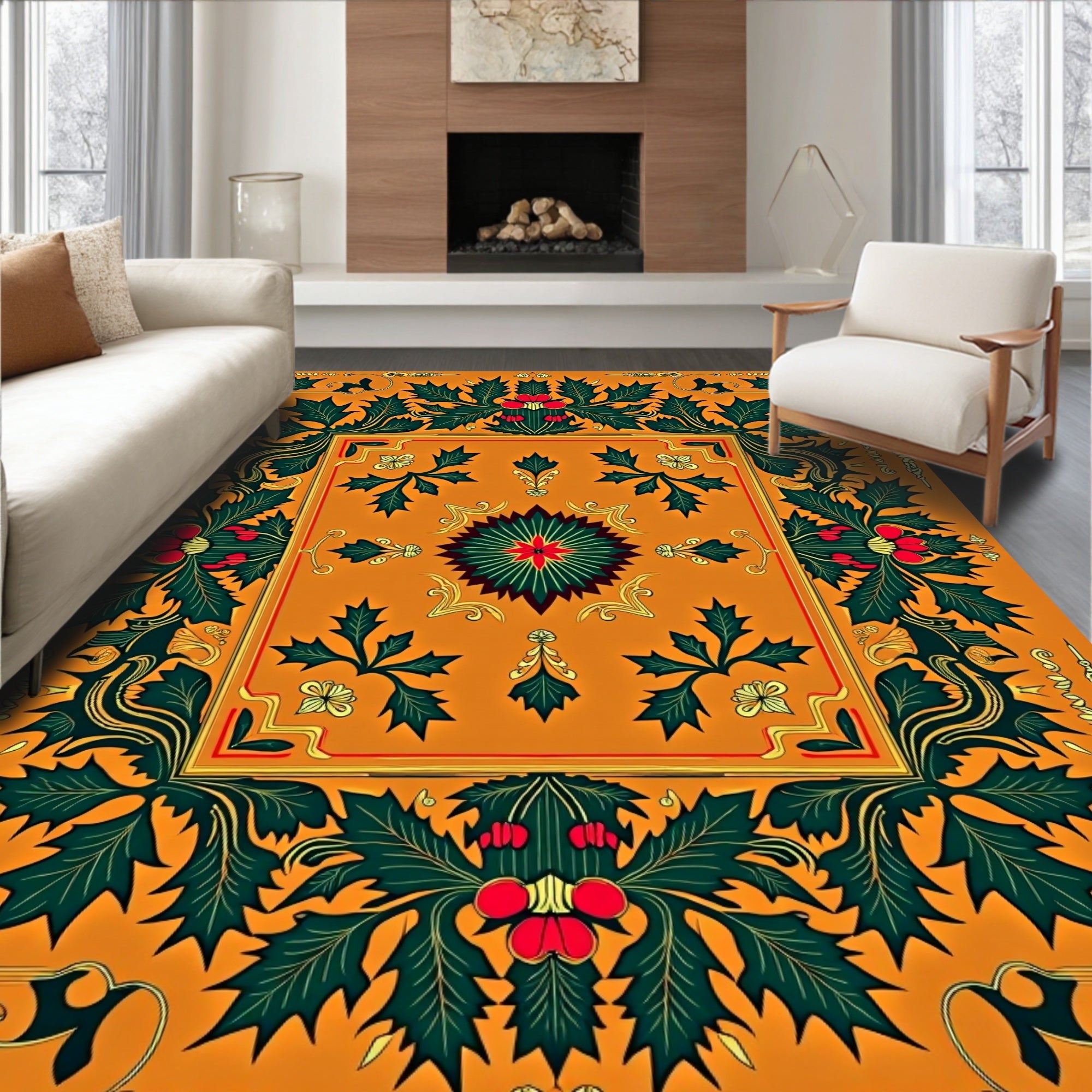 Orange Holly Berry Floral Border Rug