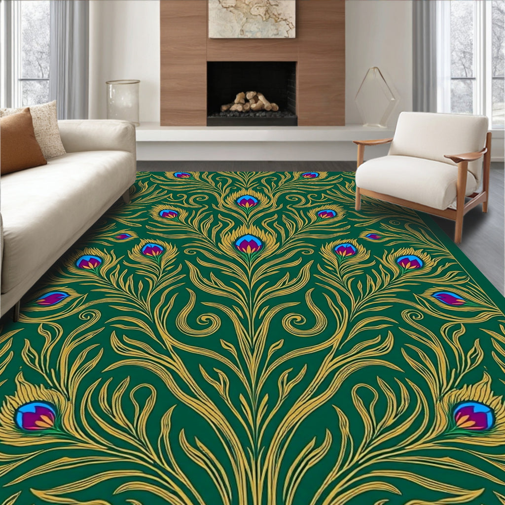 Emerald Gold Peacock Feather Mandala Rug