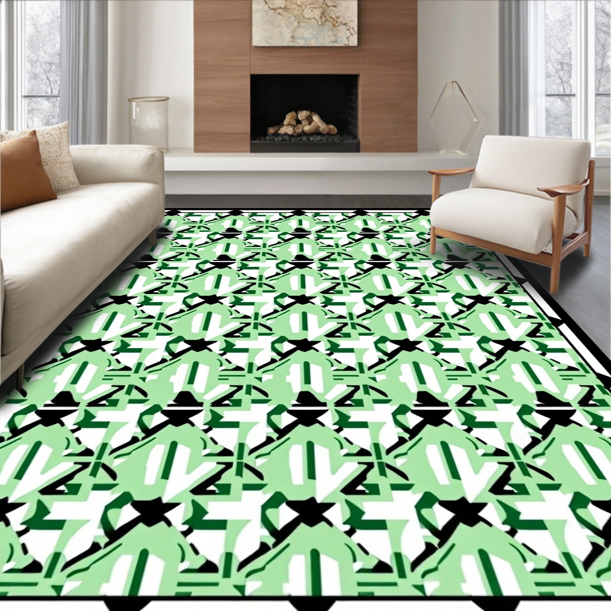 Light Green Abstract Figures Bordered Rug