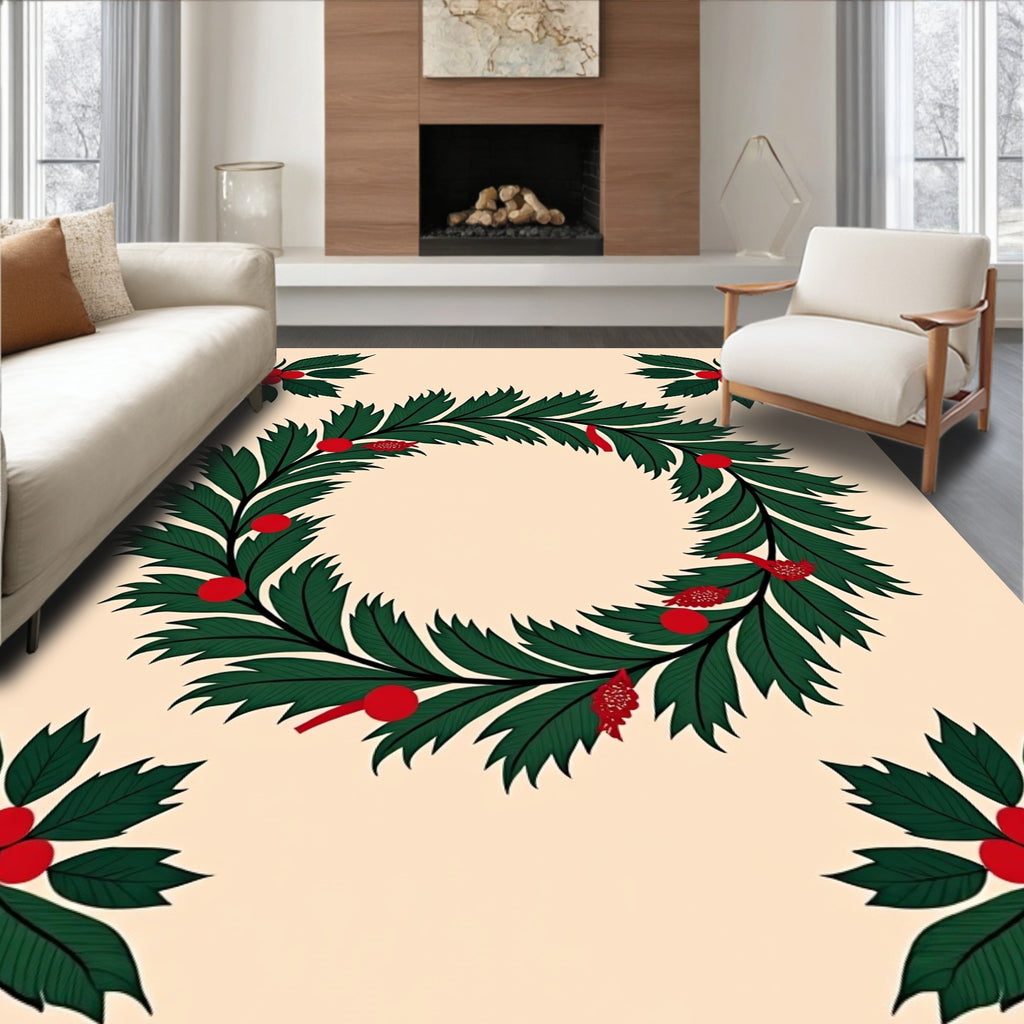 Festive Green Holly Berry Wreath Rug