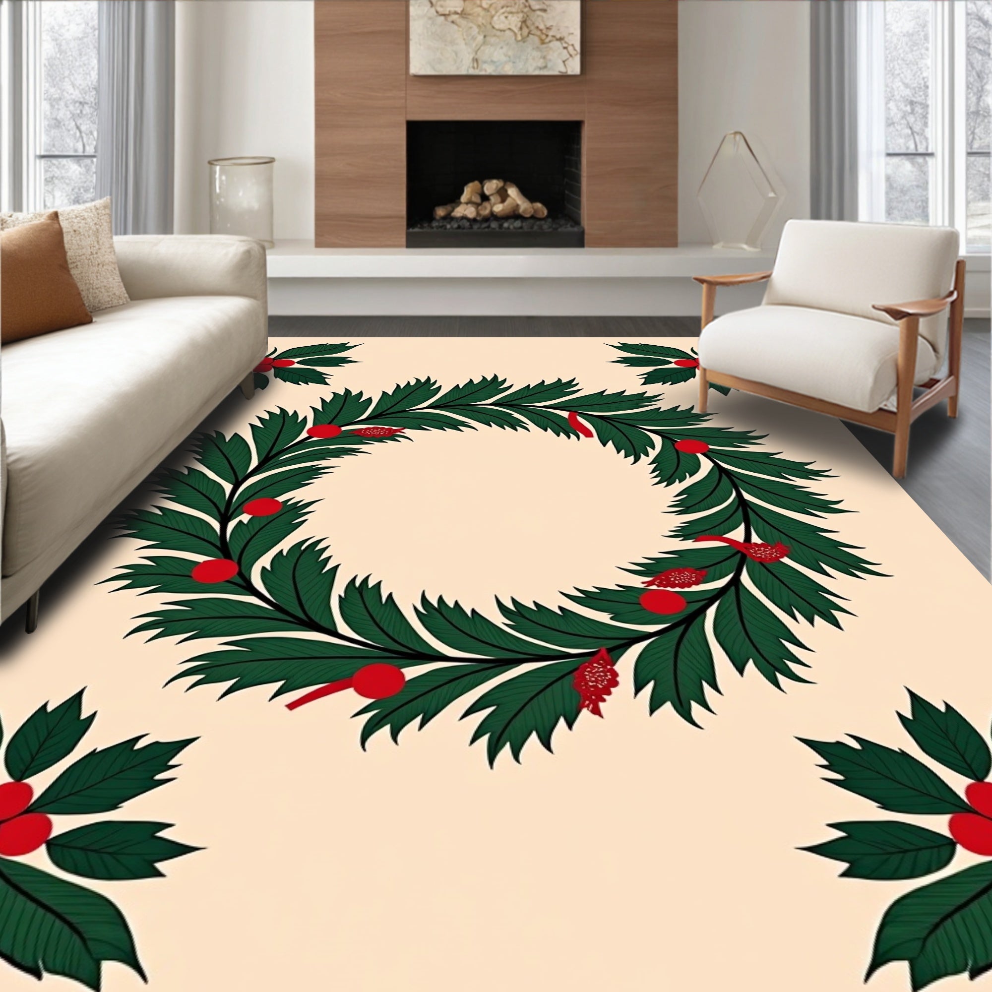Festive Green Holly Berry Wreath Rug