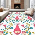 Whimsical Pink Gnomes Teal Hearts Yellow Swirls Rug