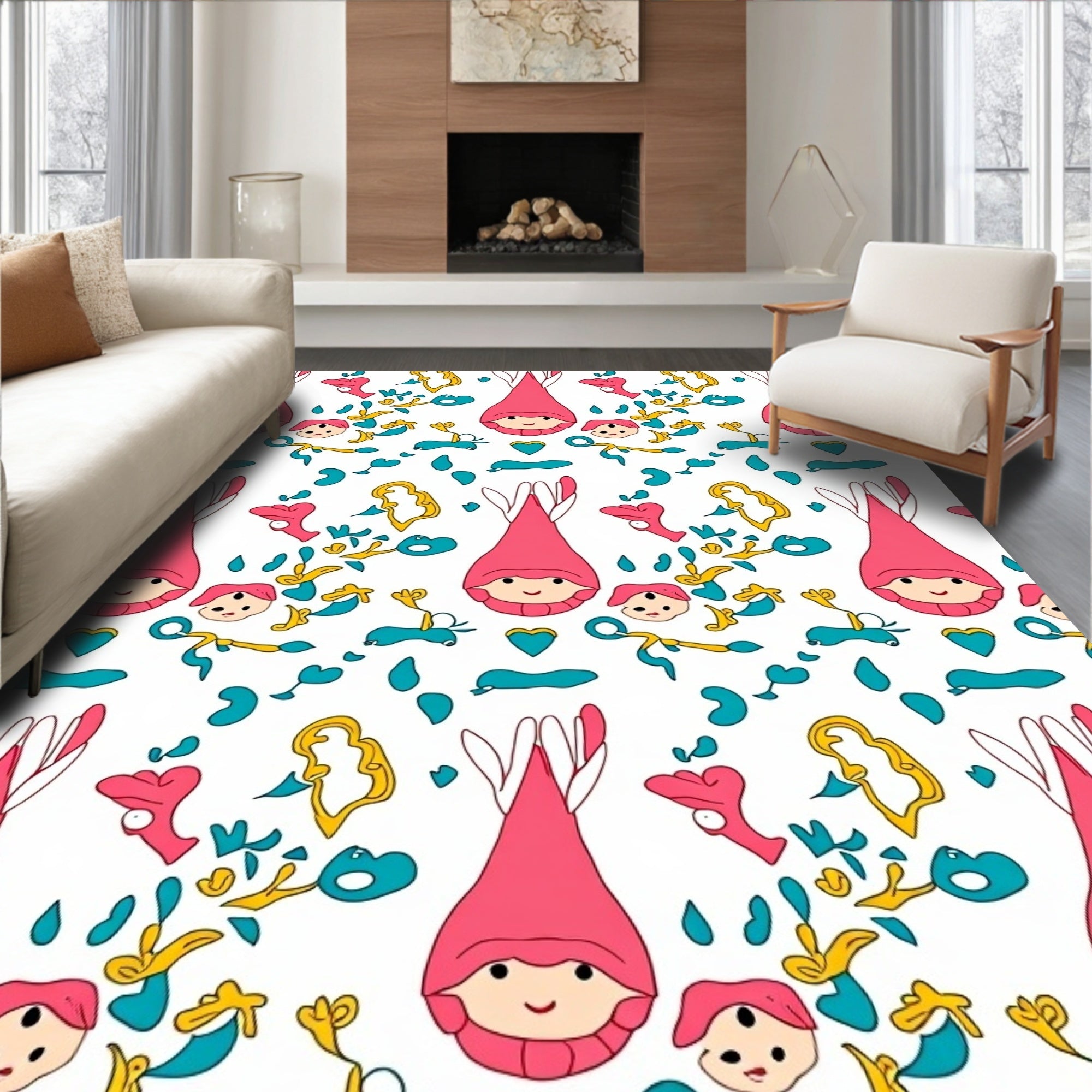 Whimsical Pink Gnomes Teal Hearts Yellow Swirls Rug