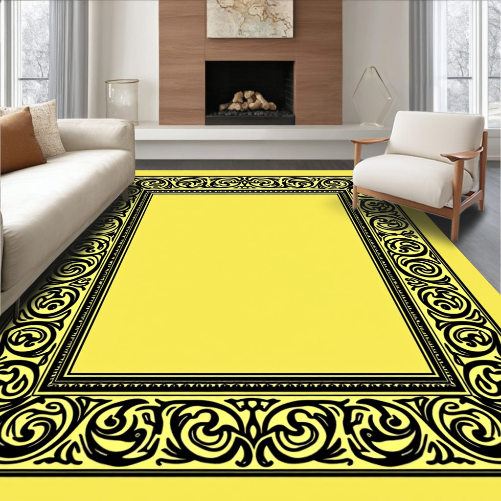 Black Ornate Scrollwork Golden Border Rug