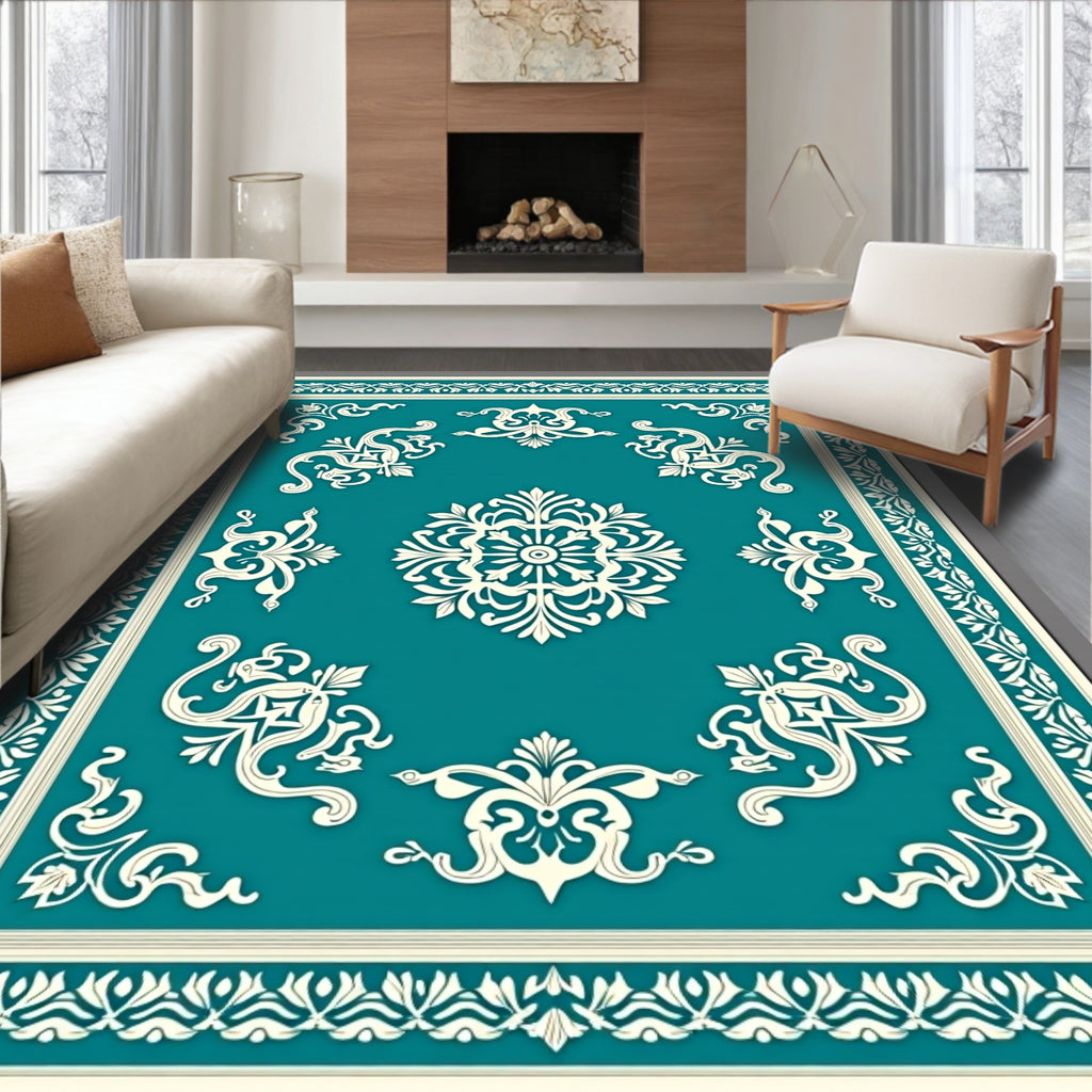Turquoise White Scrollwork Medallion Border Rug