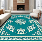 Turquoise White Scrollwork Medallion Border Rug