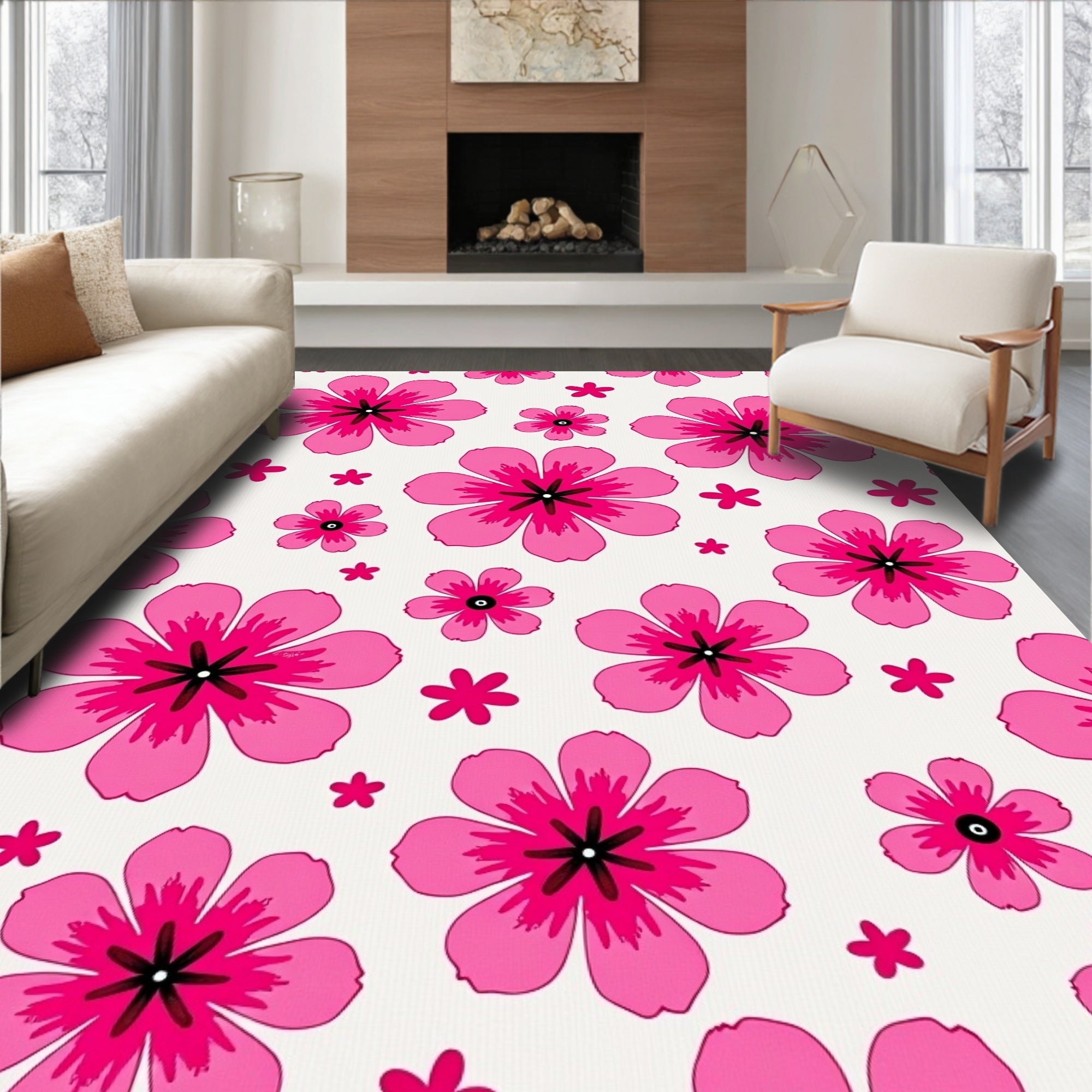 Hot Pink Floral Scattered Garden Rug