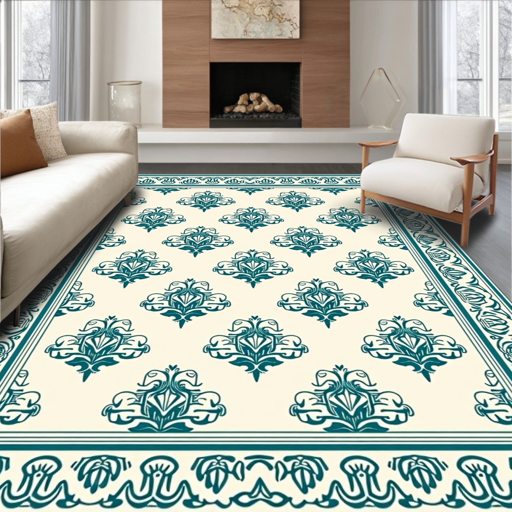 Teal Scroll Frame With Cream Medallion Rug