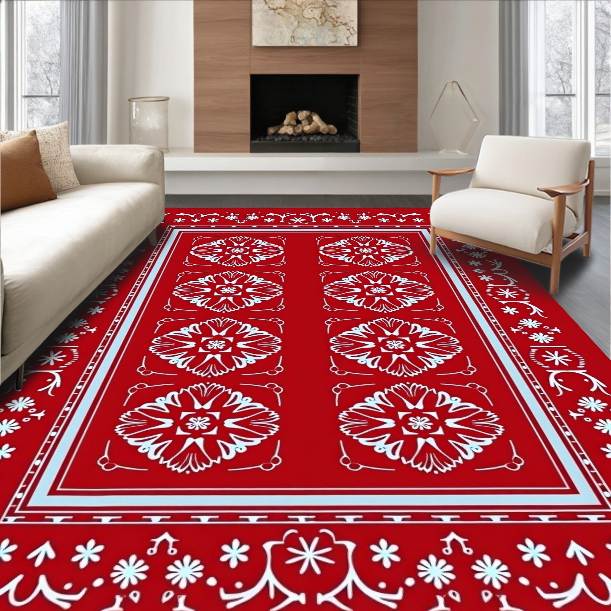 Vibrant Red Floral Medallion Border Rug
