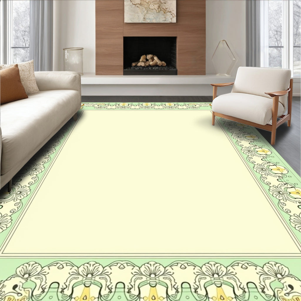 Light Green Ornate Floral Scroll Frame Rug