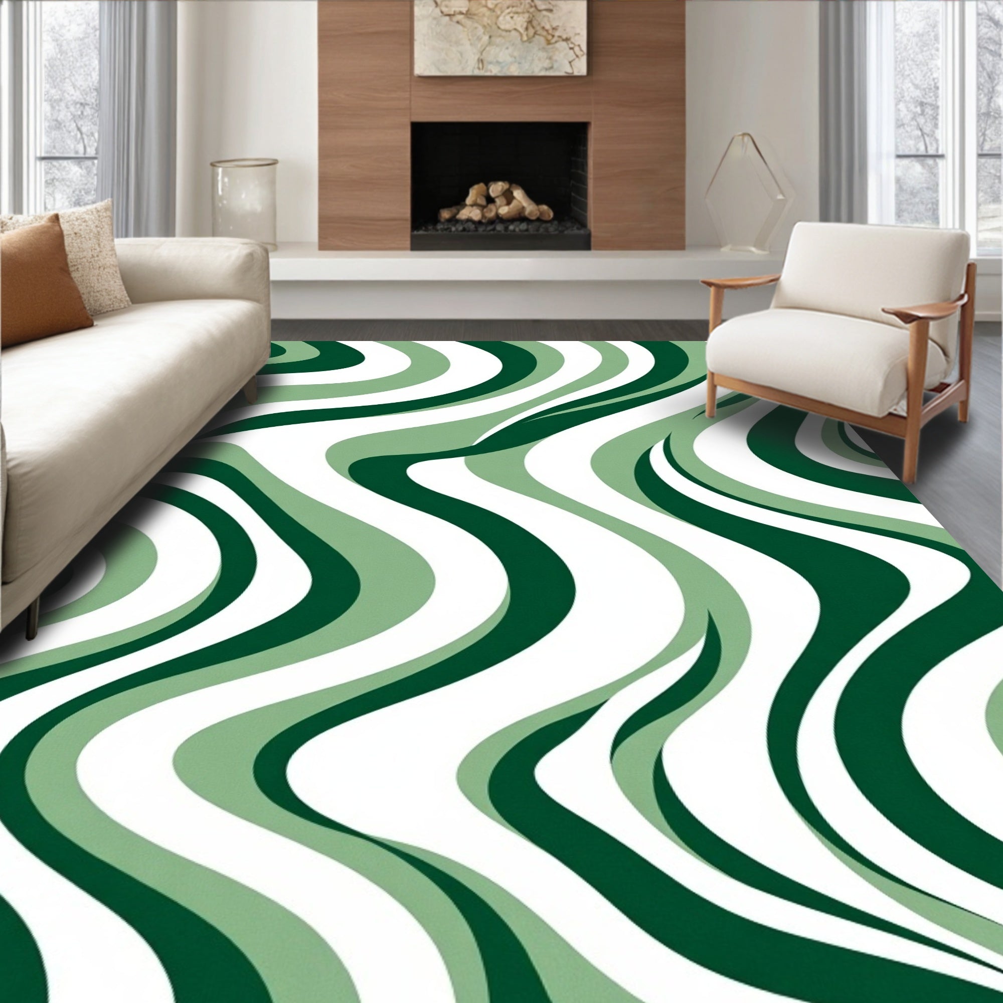 Deep Forest Green Wavy Lines Rug