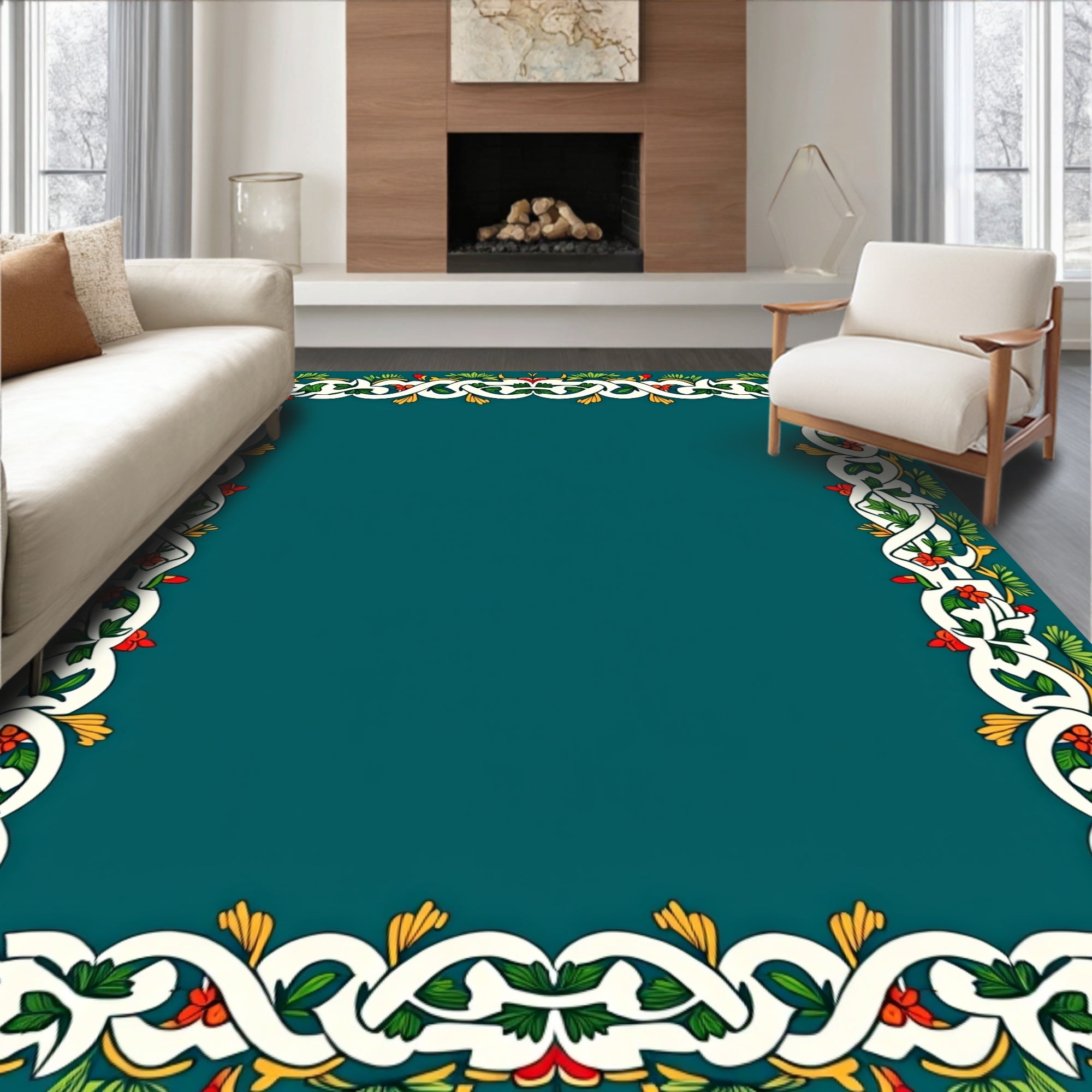 Ornate Green Floral Intertwined Border Rug
