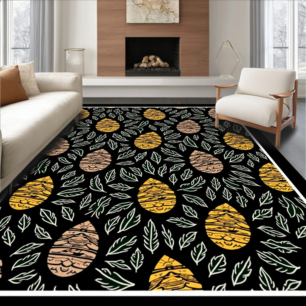 Golden Taupe Egg Leaf Folk Art Rug
