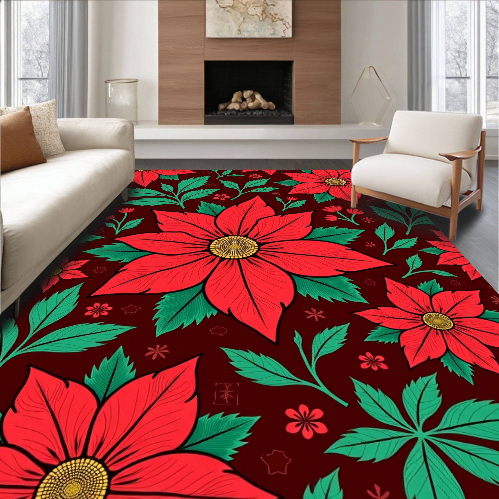 Bold Red Floral Poinsettia Garden Rug