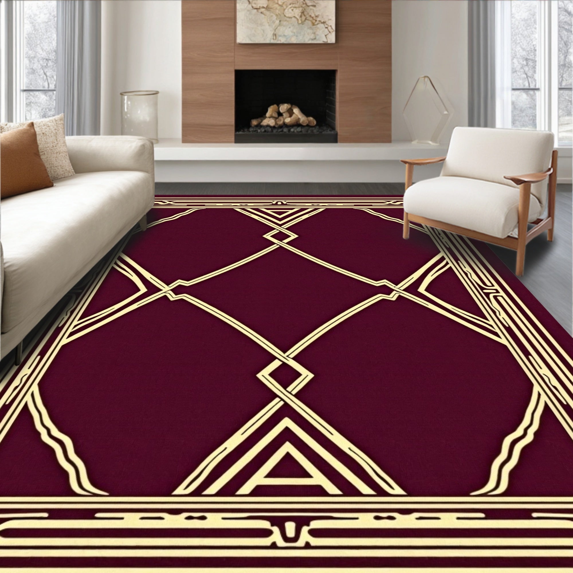 Crimson Gold Interlocking Geometric Frame Rug