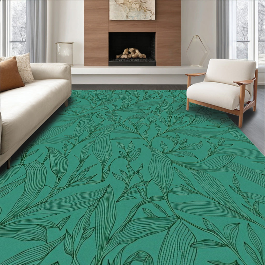 Teal Tropical Leaf Vine Art Rug