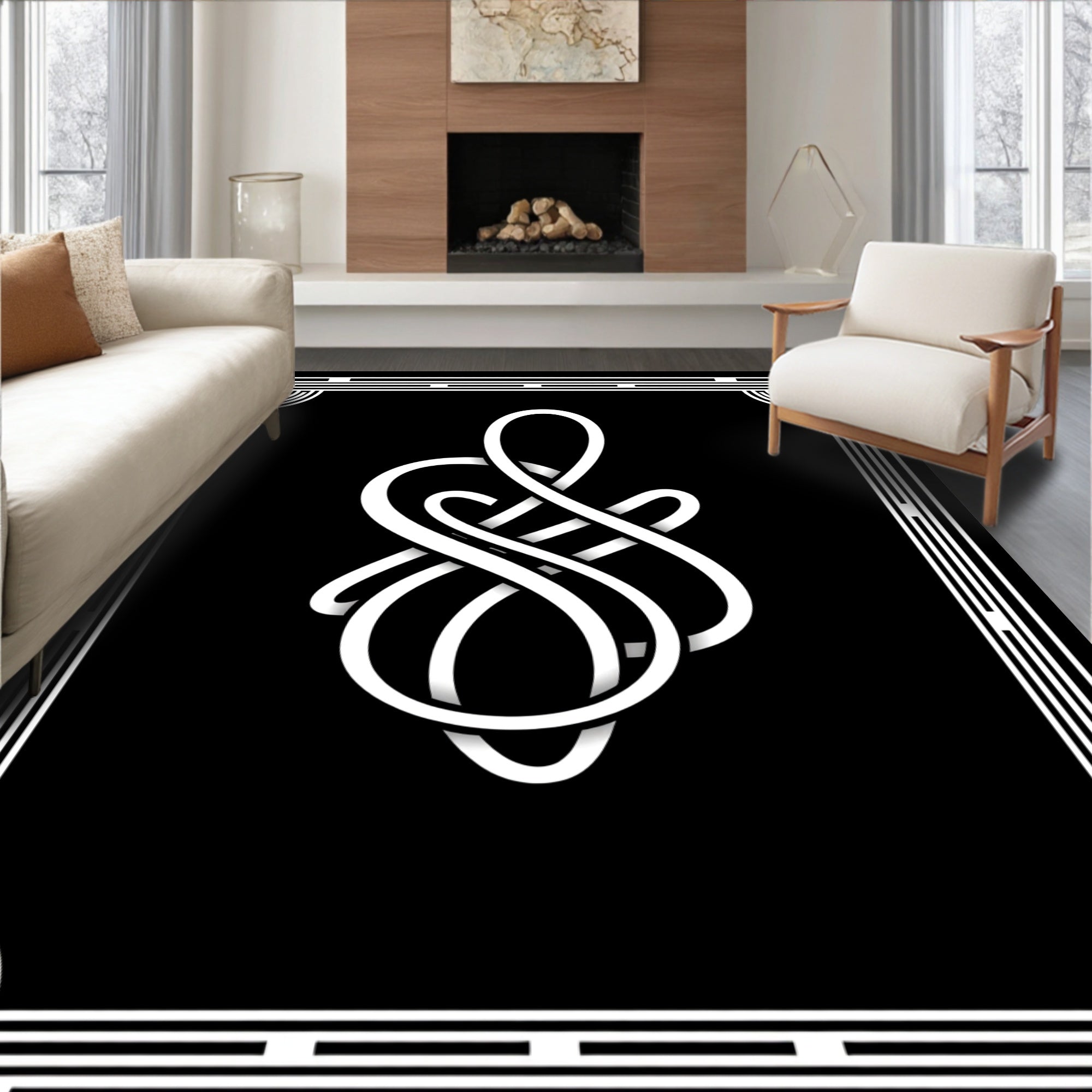 Black White Art Deco Swirl Rug